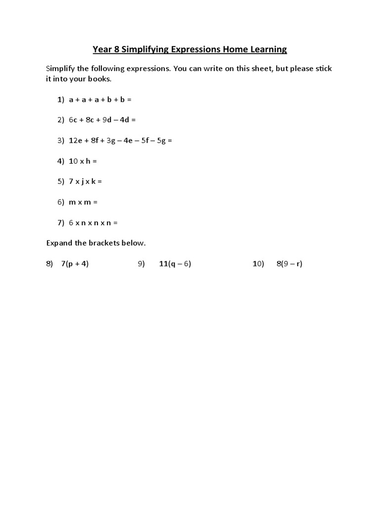 Year 8 Simplifying Expressions Home Learning | PDF