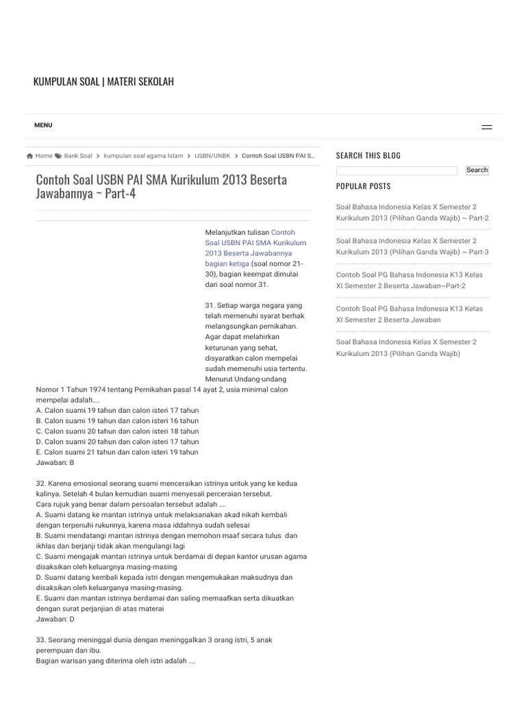 Contoh Soal Usbn Pai Sma Kurikulum 2013 Beserta Jawabannya Part 4 Kumpulan Soal Materi Sekolah
