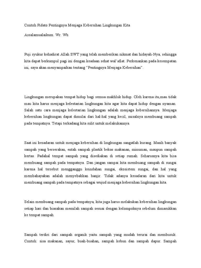 Contoh Pidato Pentingnya Menjaga Kebersihan Lingkungan Kita