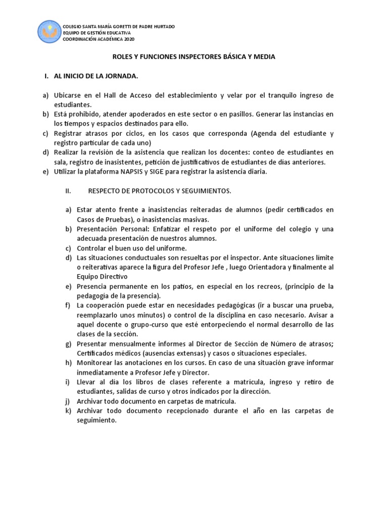 Roles y Funciones Inspectores Básica y Media | PDF | Escuelas ...