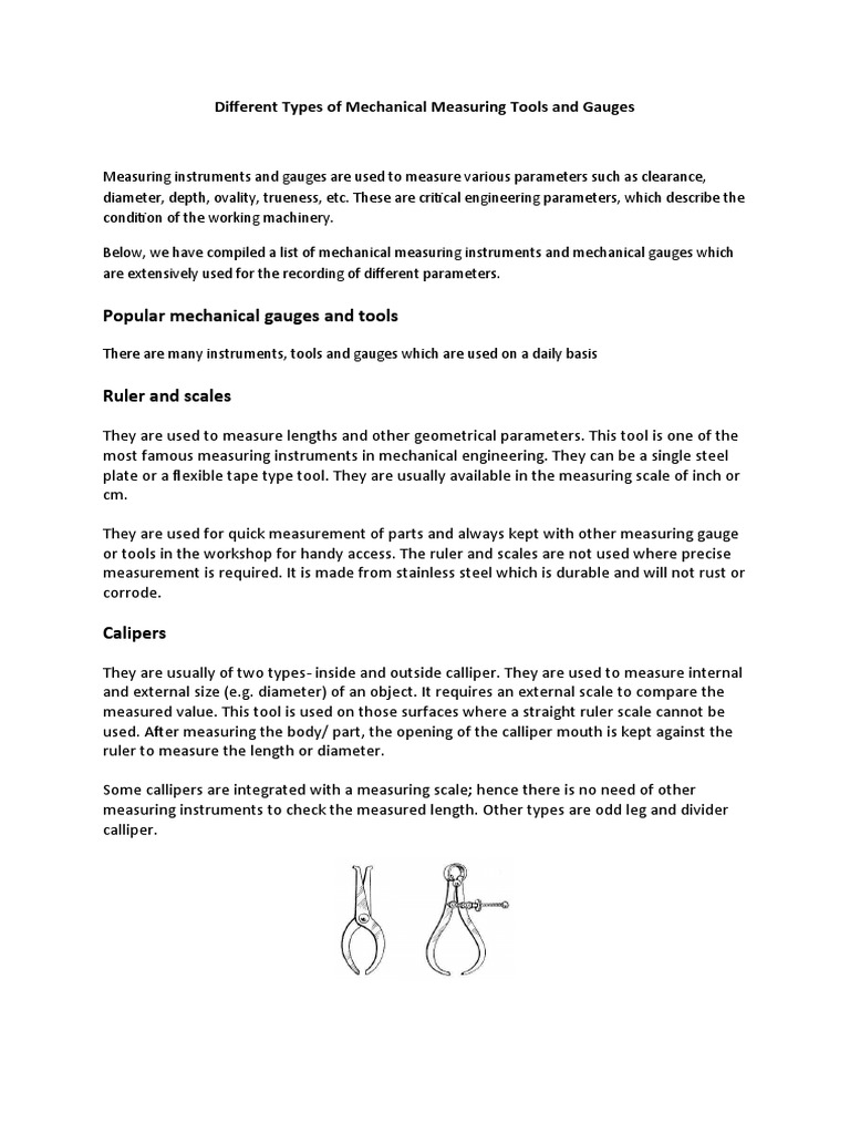 Different Types of Mechanical Measuring Tools and Gauges PDF Tools