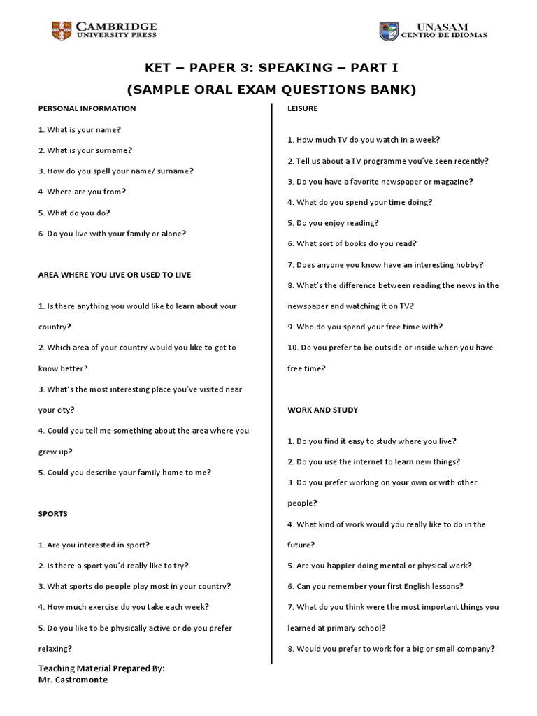 KET Speaking Exam Sample Questions | PDF | Leisure