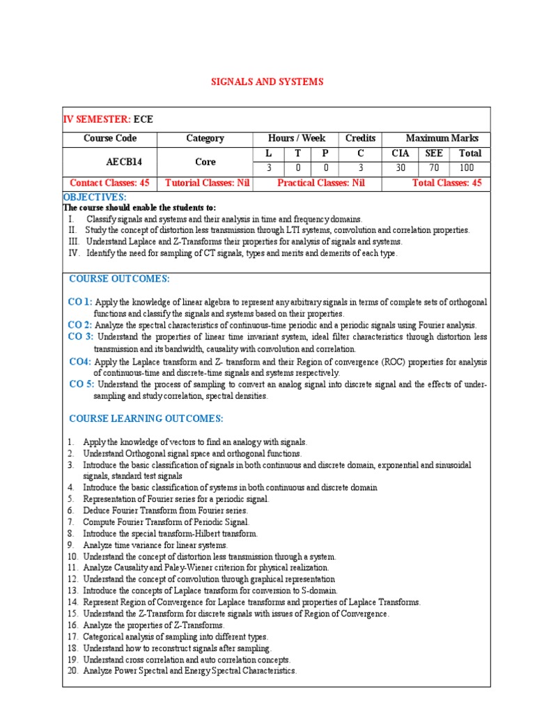 ECE IV Semester: Signals and Systems | PDF | Laplace Transform ...
