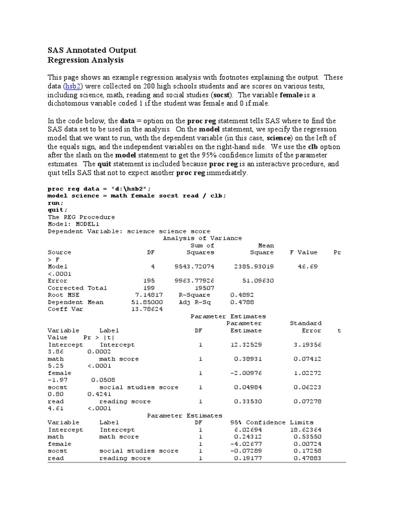 SAS Regression Analysis Output Explained | PDF | Errors And Residuals ...