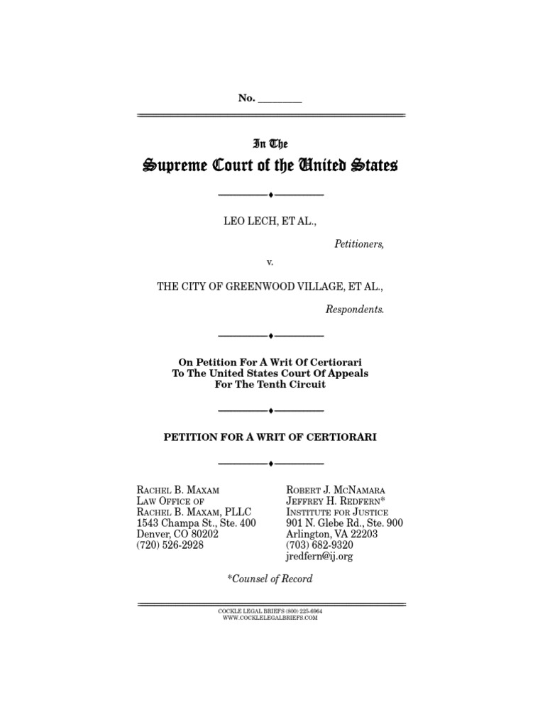 Petition For A Writ of Certiorari, Lech v. City of Greenwood Village