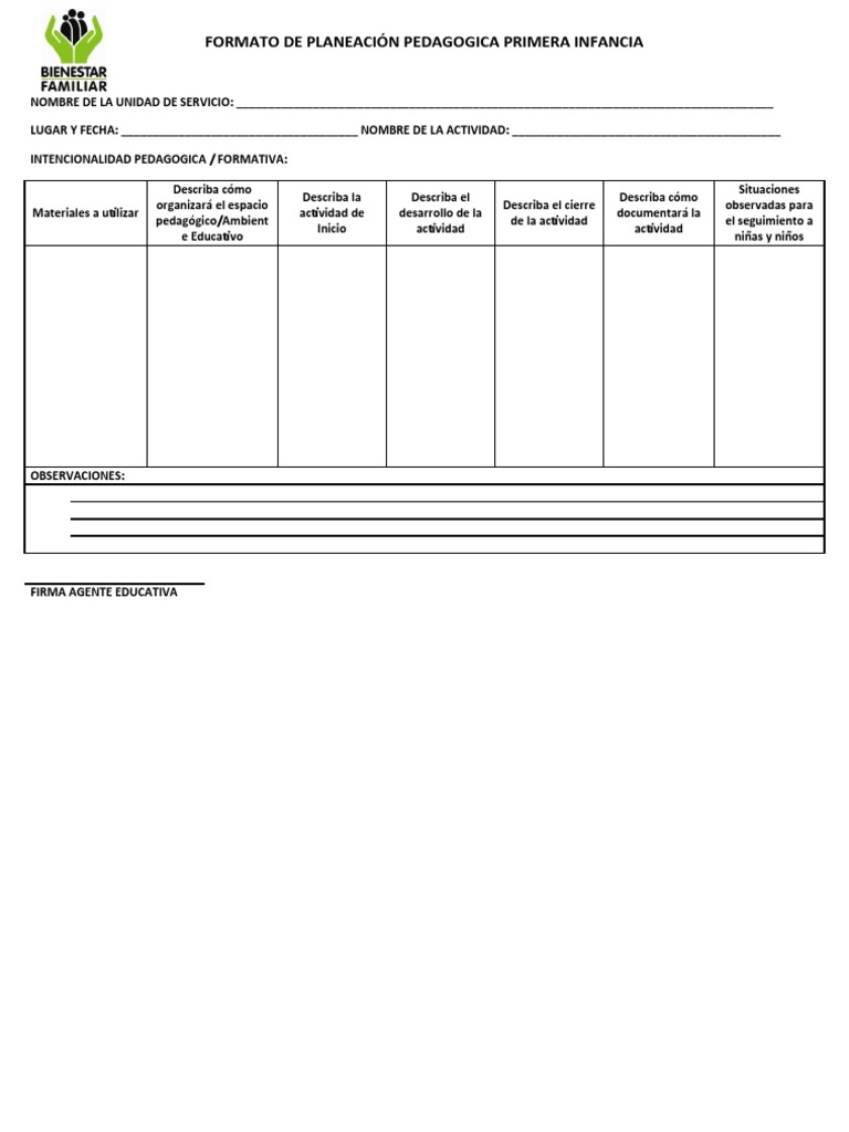 Formato de Planeación Pedagogica Primera Infancia | PDF | Crecimiento ...