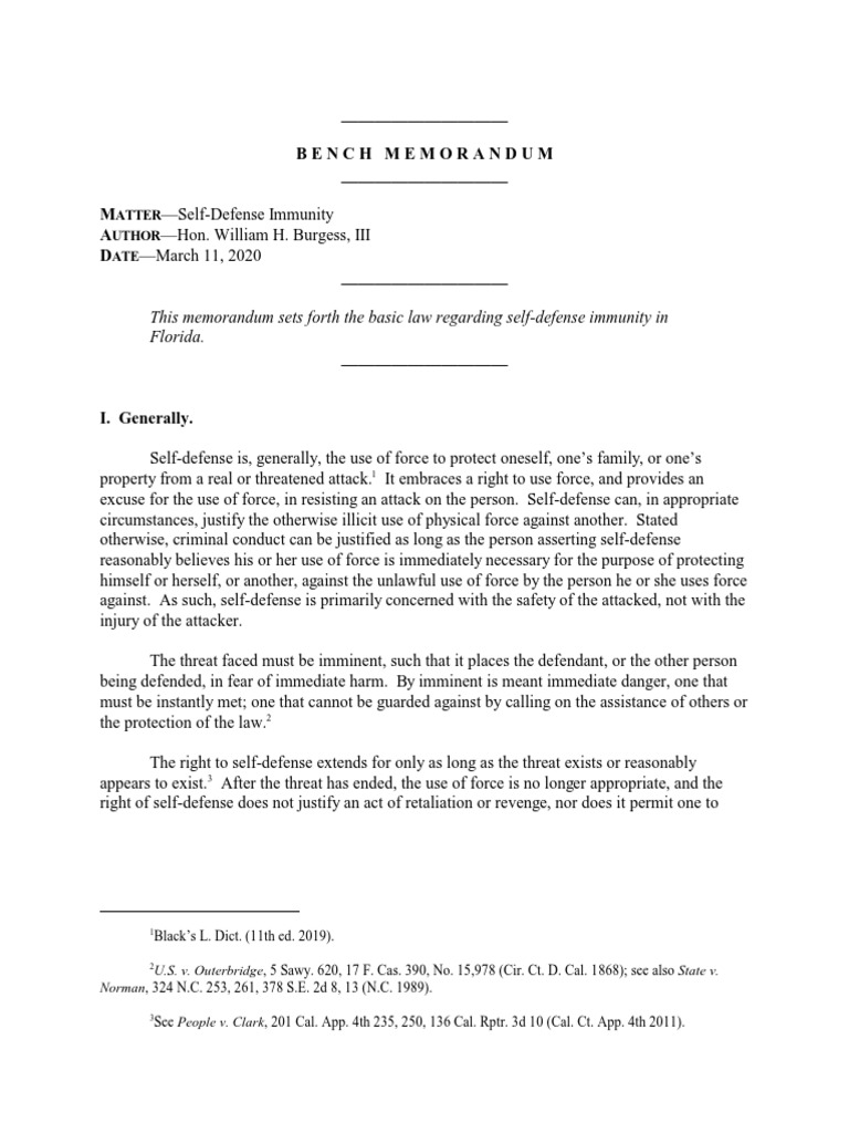 Bench Memorandum Self Defense Immunity Burden Of Proof (Law