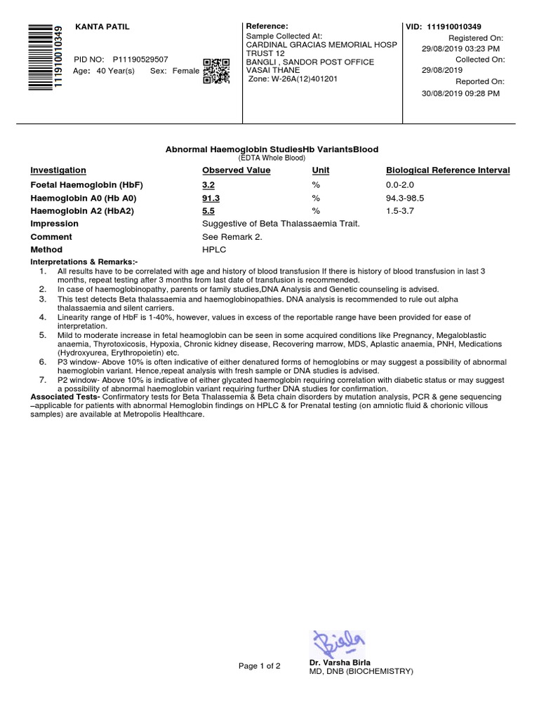 Beta Thalassemia Test Report | PDF | Hemoglobin | Anemia