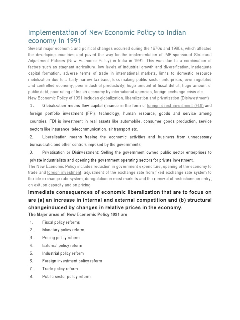 Impact of 1991 New Economic Policy in India | PDF | Chinese Economic ...