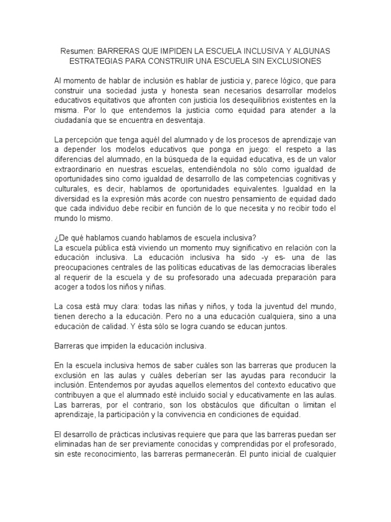 Resumen BARRERAS QUE IMPIDEN LA ESCUELA INCLUSIVA Y