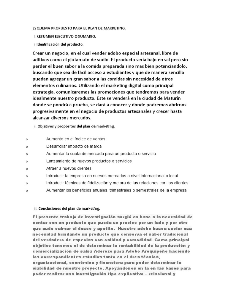 Esquema de Plan de Marketing para Adobo | PDF | Marketing | Alimentos