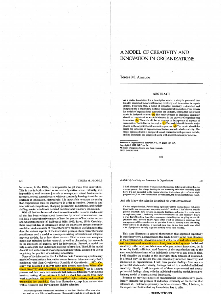 A Model of Creativity and Innovation in Organizations PDF | PDF