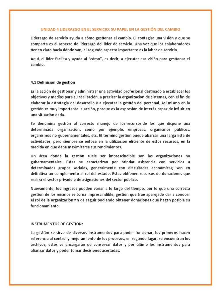 Unidad 4 Liderazgo en El Servicio Su Papel en La Gestion Del Cambio ...