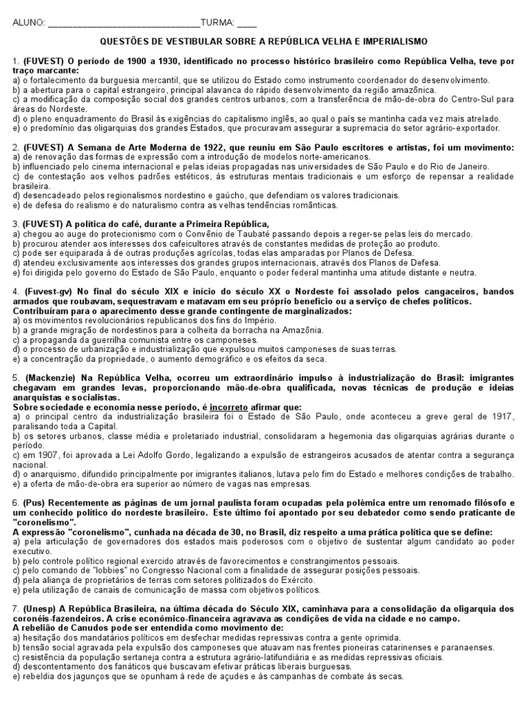 Questões de Vestibular Sobre A República Velha e Imperialismo | PDF ...