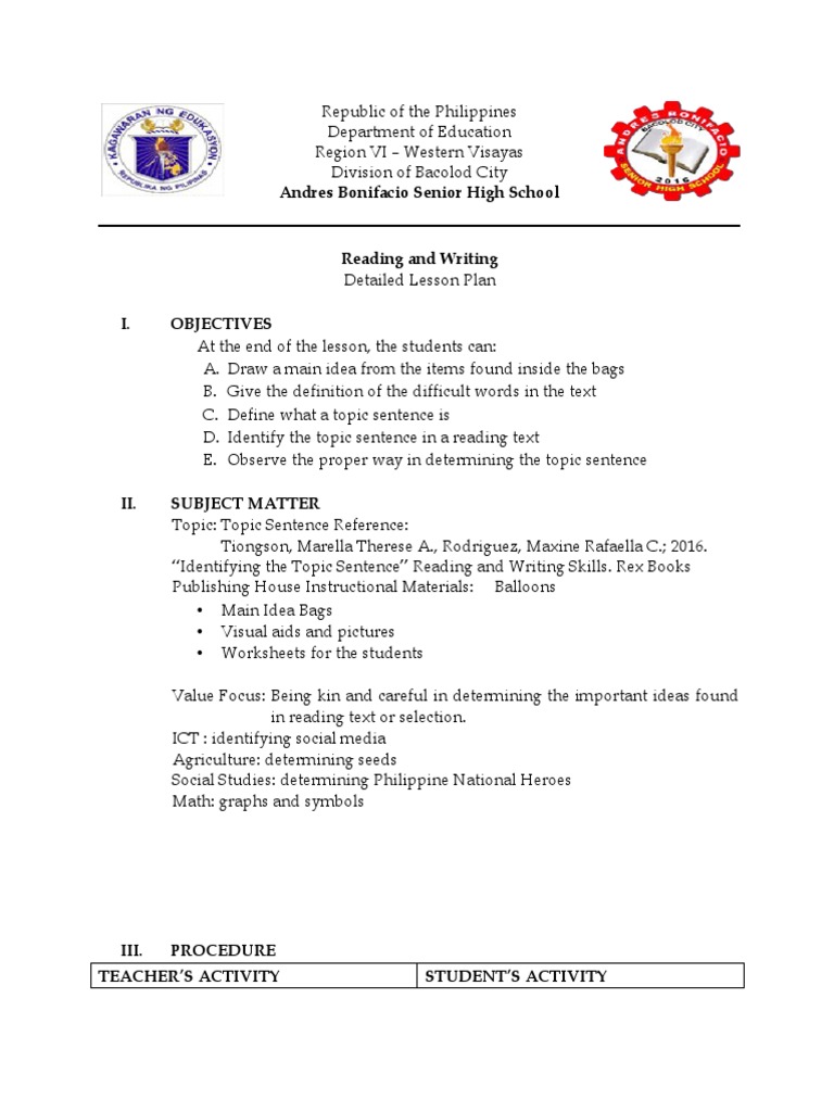 Reading and Writing Lesson Plan PDF Essays Question