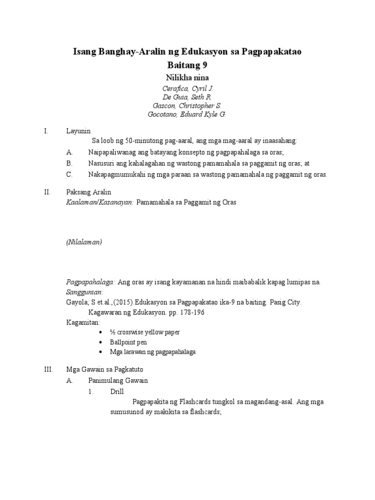Edukasyon Sa Pagpapakatao Lesson Plan PDF