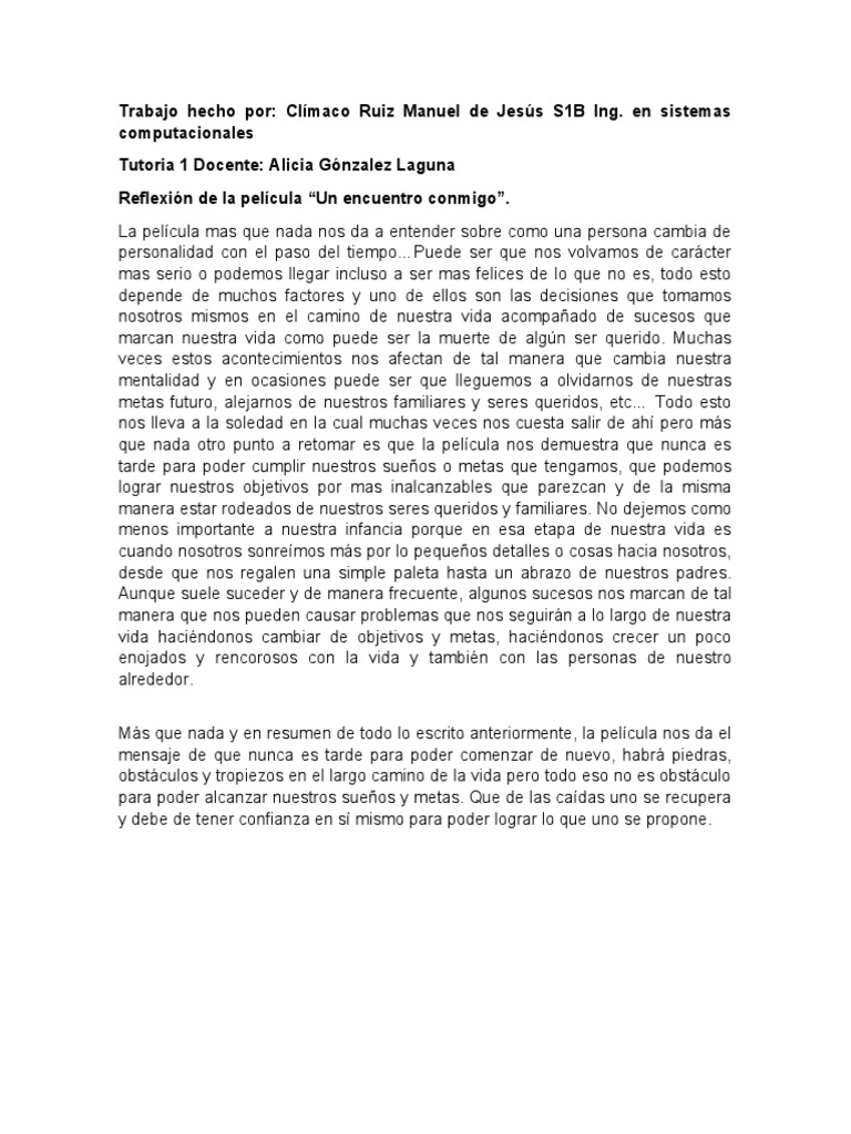 Reflexion de La Pelicula Un Encuentro Conmigo PDF