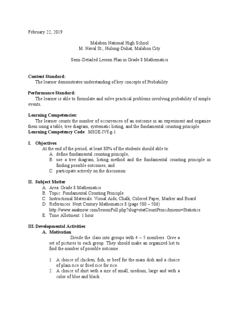 Counting Techniques in Probability Lesson | PDF | Lesson Plan | Learning