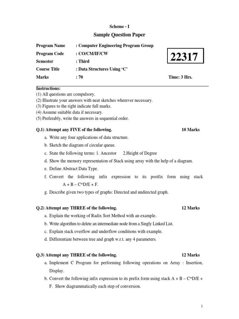 Sample Question Paper Data Structure Using 'C' | PDF | Discrete ...