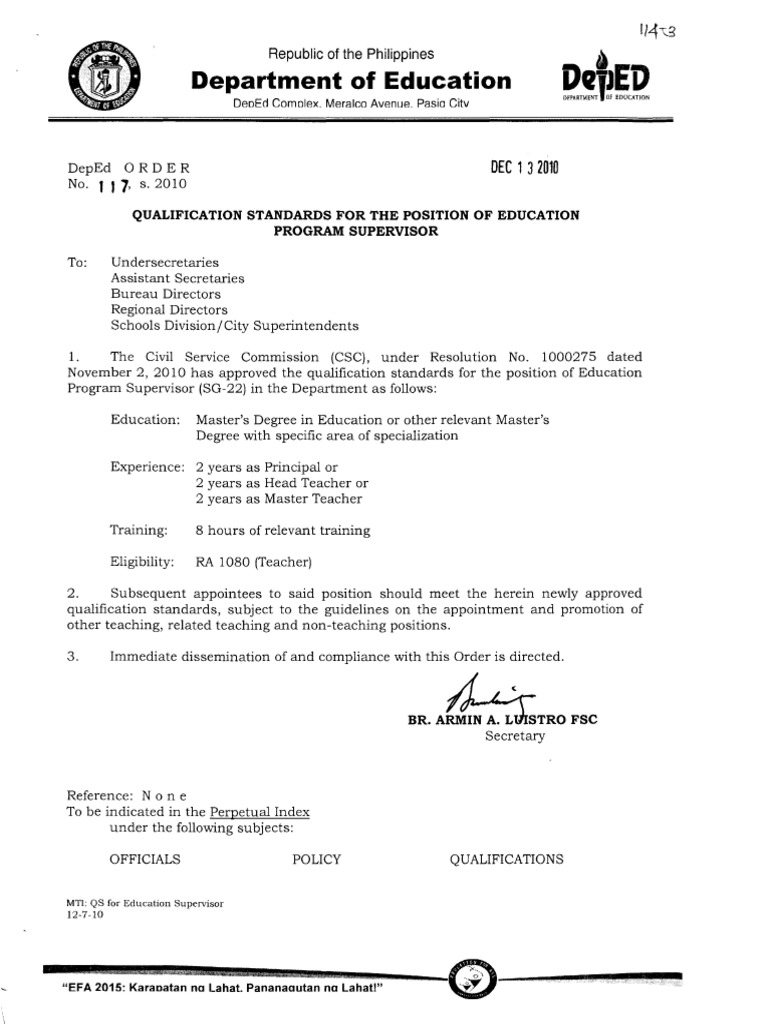 DO-No.-117-s.-2010 QS Education Program Supervisor DepEd | PDF