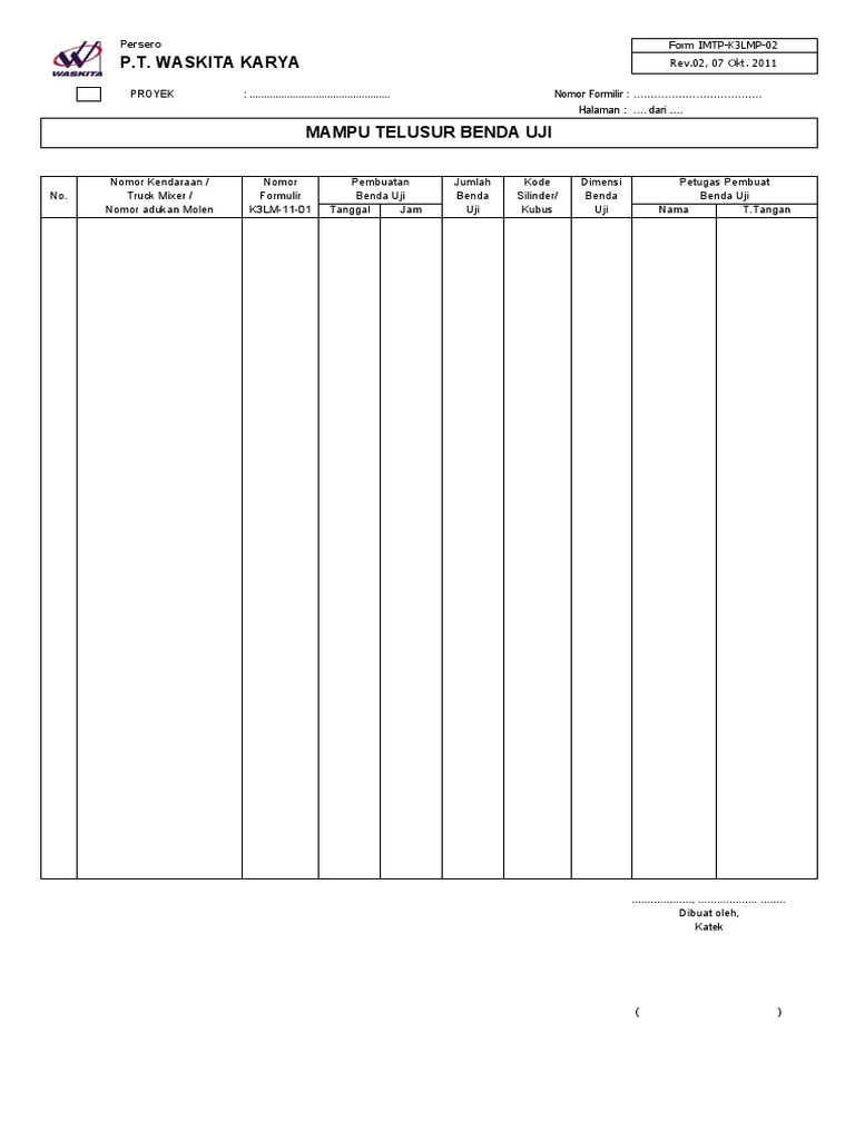 Form IMTP-K3LMP-02 Mampu Telusur Benda Uji | PDF