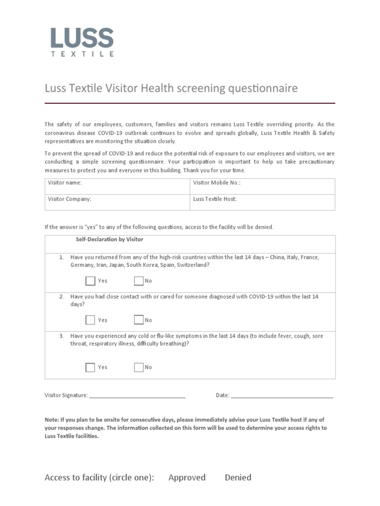 Visitor Health Screening Questionnaire PDF
