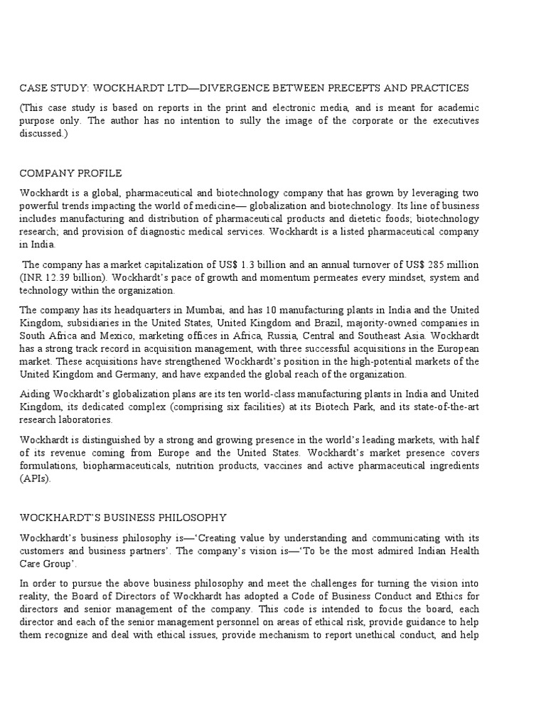 Wockhardt Ltd: Ethics vs. Practices Case Study | PDF | Food And Drug ...