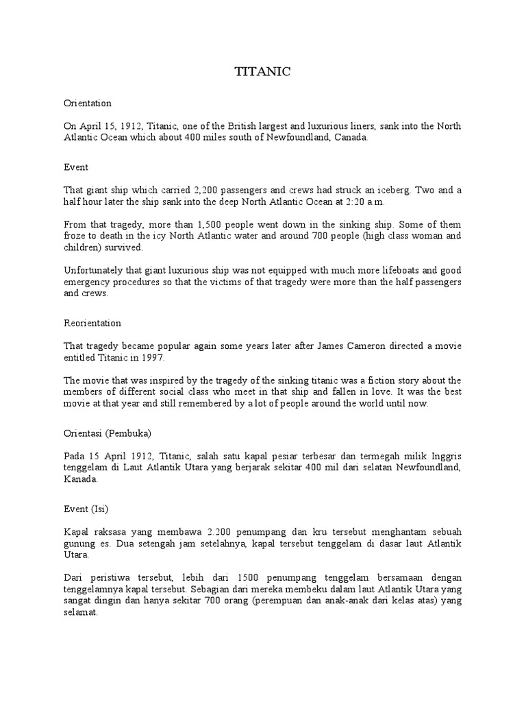 Titanic Factual Recount Text | PDF