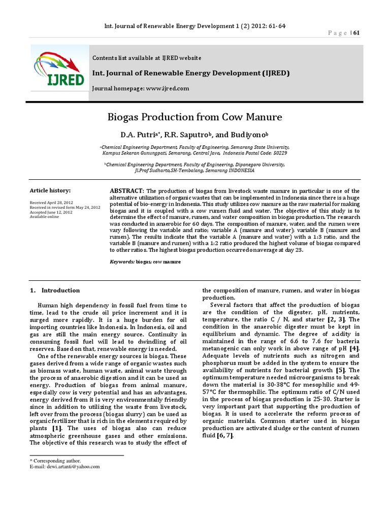 Biogas Production From Cow Manure PDF | PDF | Anaerobic Digestion | Biogas