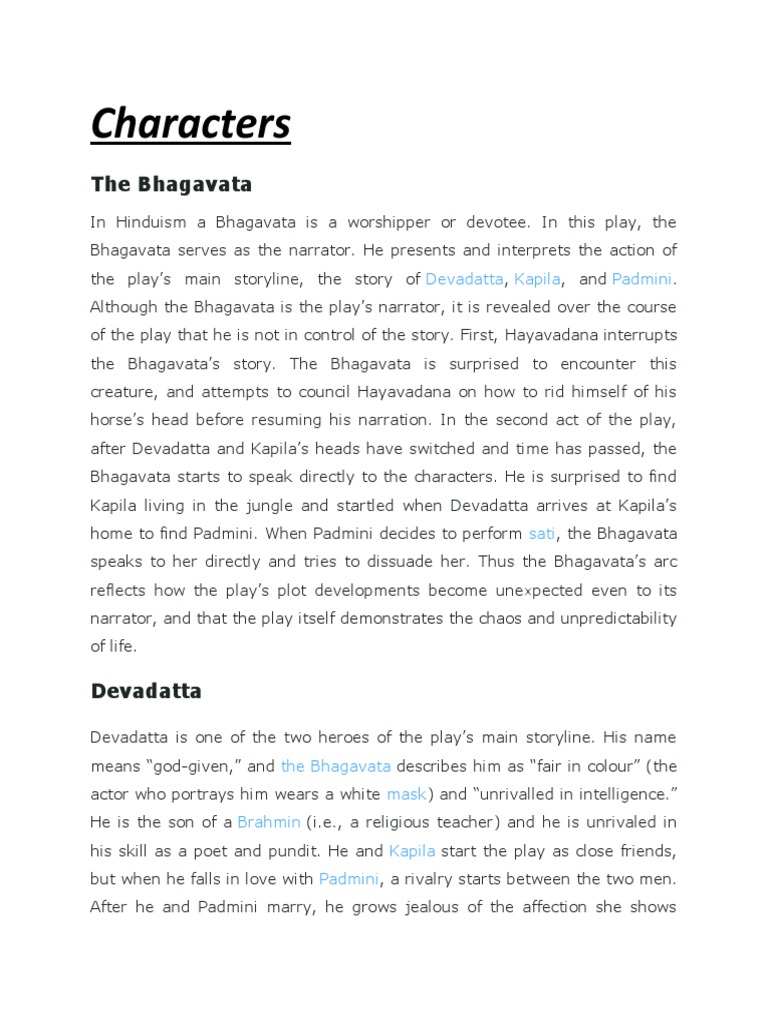 Characters Hayavadana PDF Bhagavata Purana Laughter