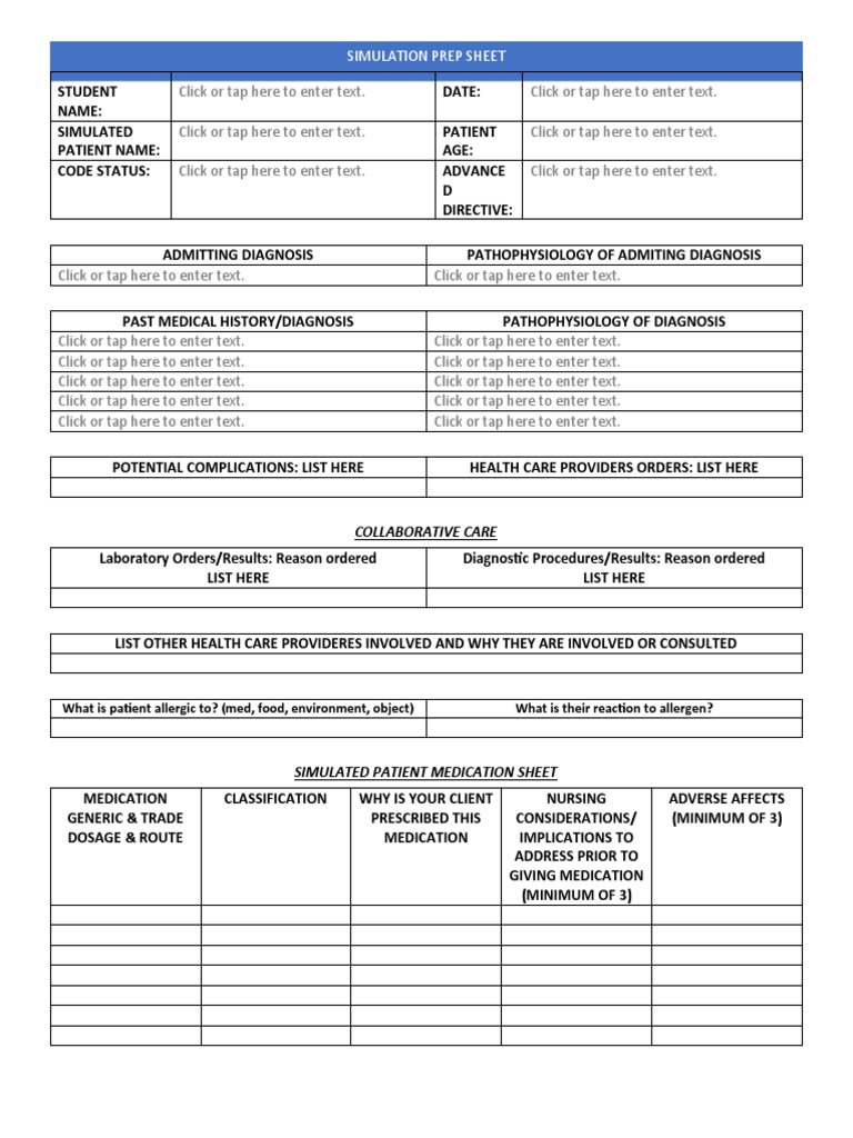 Simulation Prep Sheet for Healthcare Students | PDF | Patient | Medical ...
