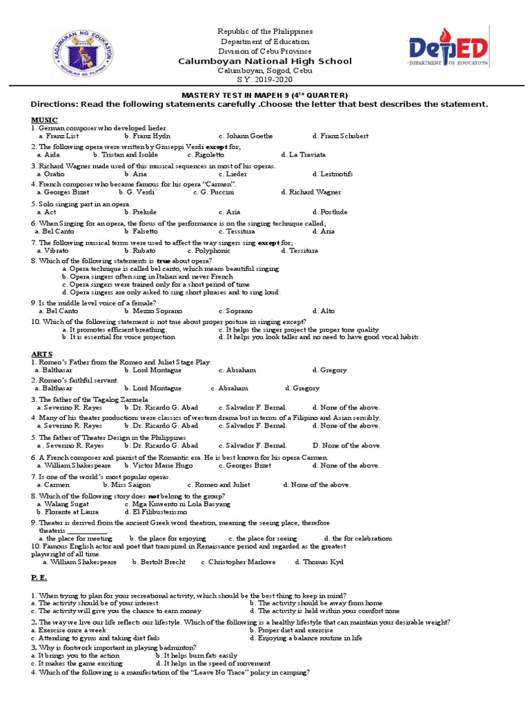 MAPEH 9 Mastery Test Overview | PDF | Bullying | Opera