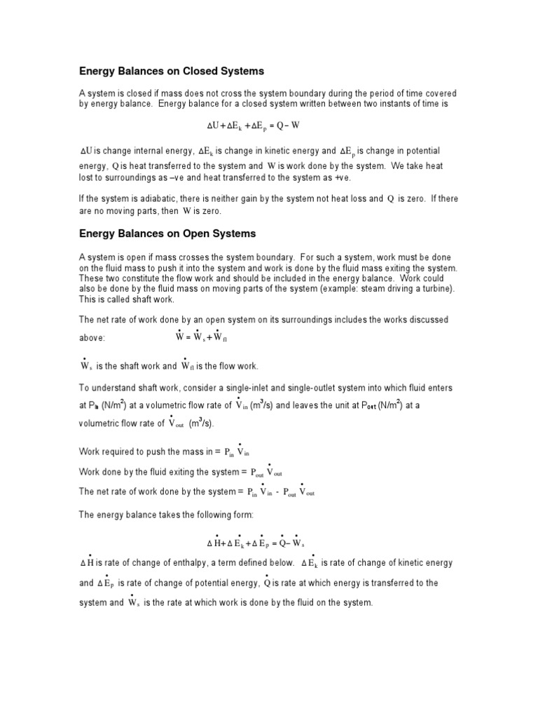 Energy Balances on Closed and Open Systems Understanding the