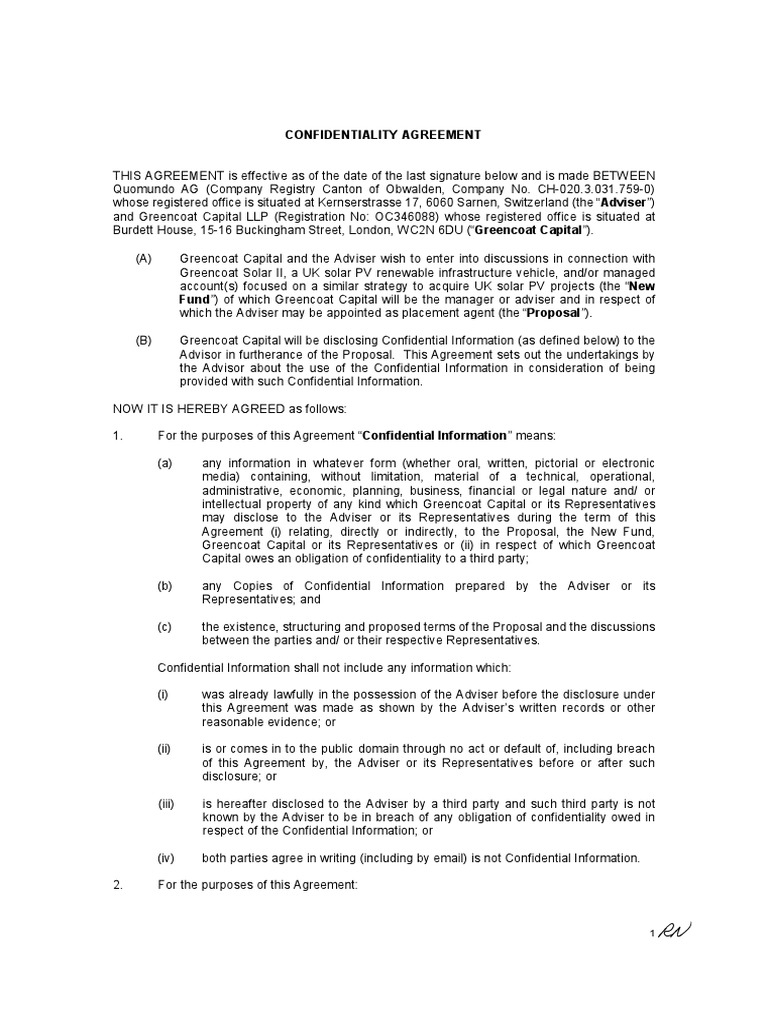 Greencoat Capital SII Adviser NDA Quomundo Executed PDF PDF