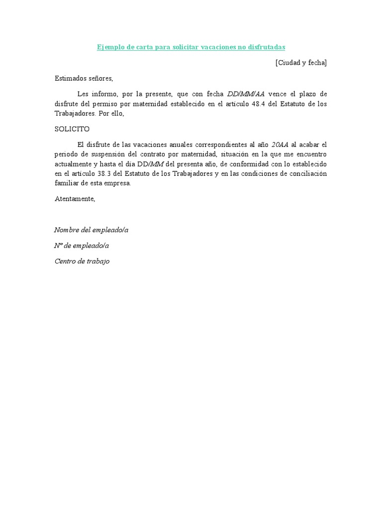 Ejemplo de Carta para Solicitar Vacaciones No Disfrutadas