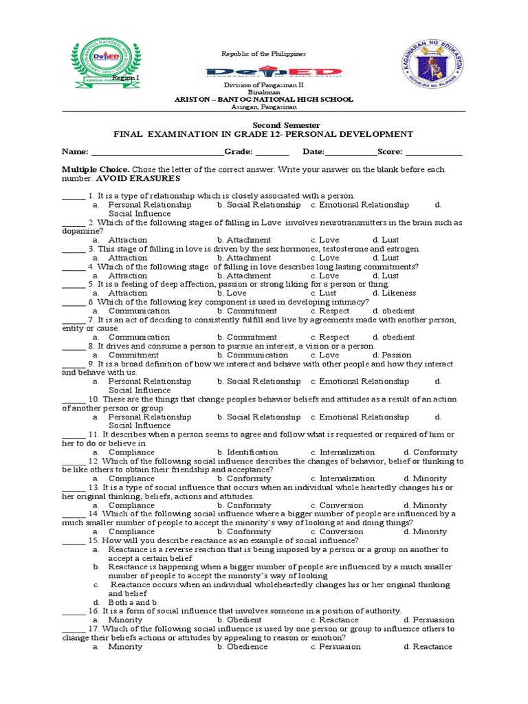 Grade 12 Personal Development Exam | PDF | Family | Physical Fitness