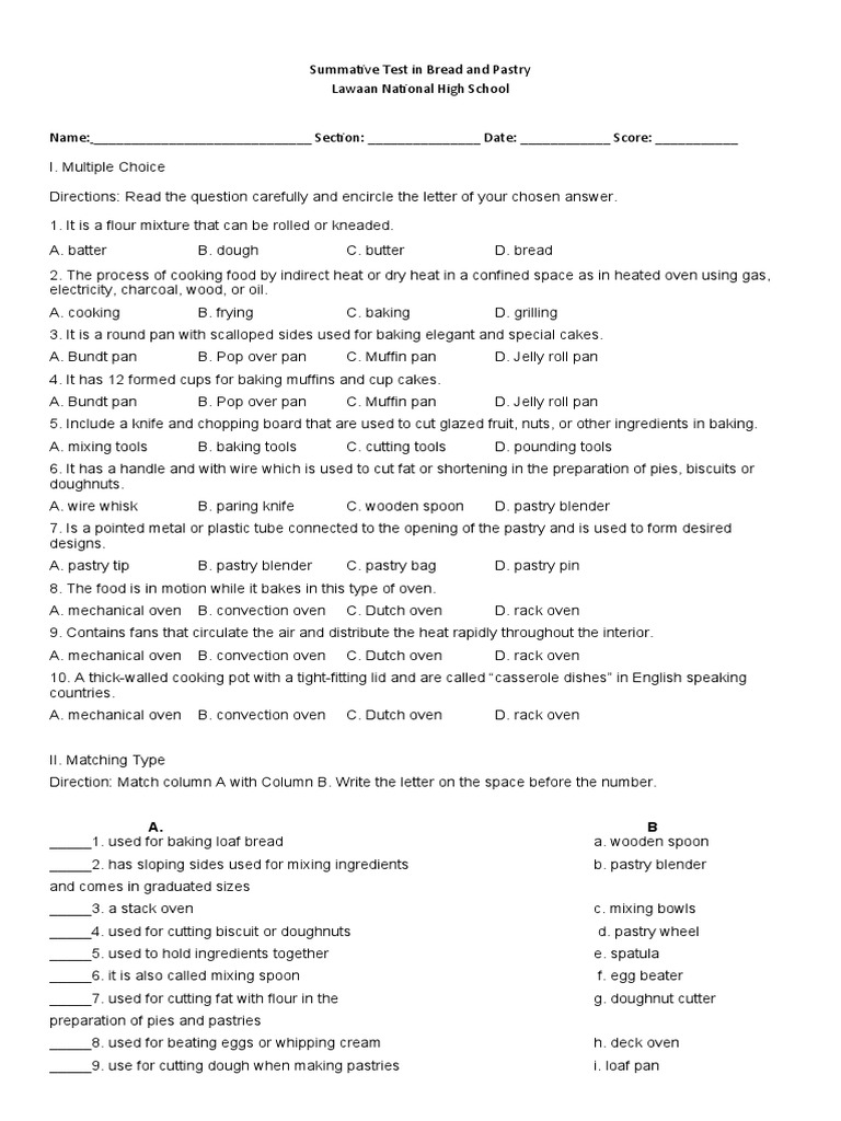 Summative Test in Bread and Pastry PDF Baking Doughnut