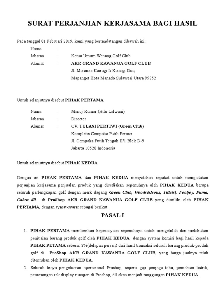 Surat Perjanjian Bagi Hasil Pro Shop AKR GRAND KAWANUA GOLF CLUB GC
