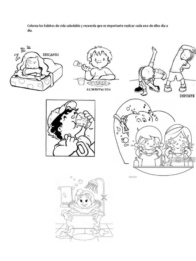 Dibujo para colorear con hábitos de vida saludable como lavarse los dientes y comer frutas.