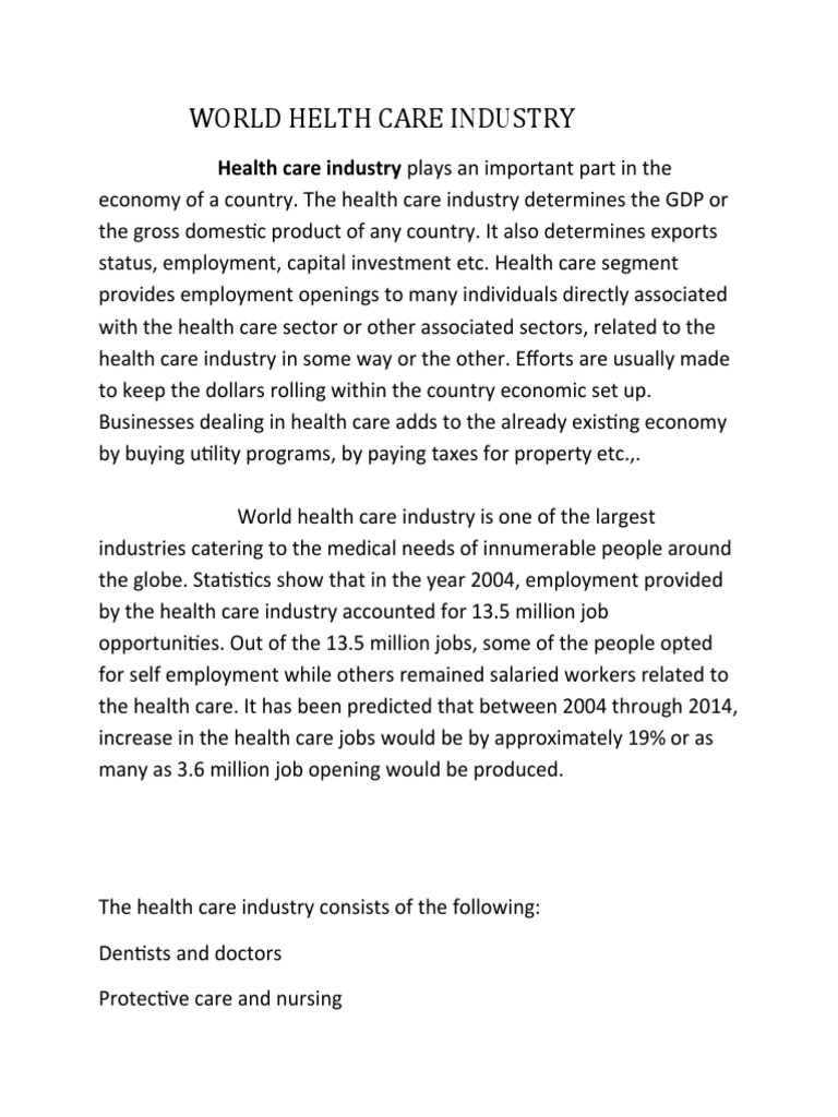 Wolld Scenario of Health Care Industry PDF World Health Organization Health Care In The