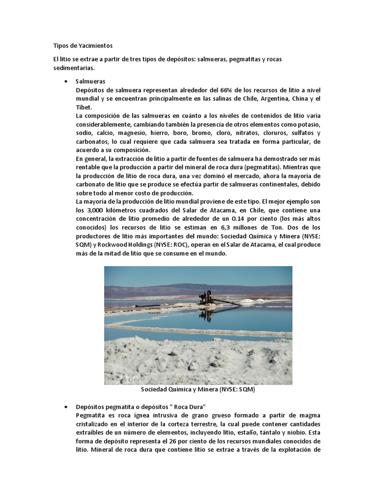 Yacimientos de Litio: Salmueras, Pegmatitas y Rocas | PDF | Litio ...