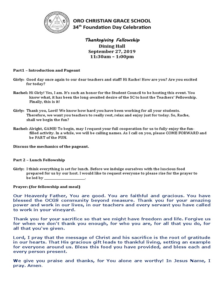 OCGS 34th Thanksgiving Fellowship Program | PDF | Teachers | Prayer
