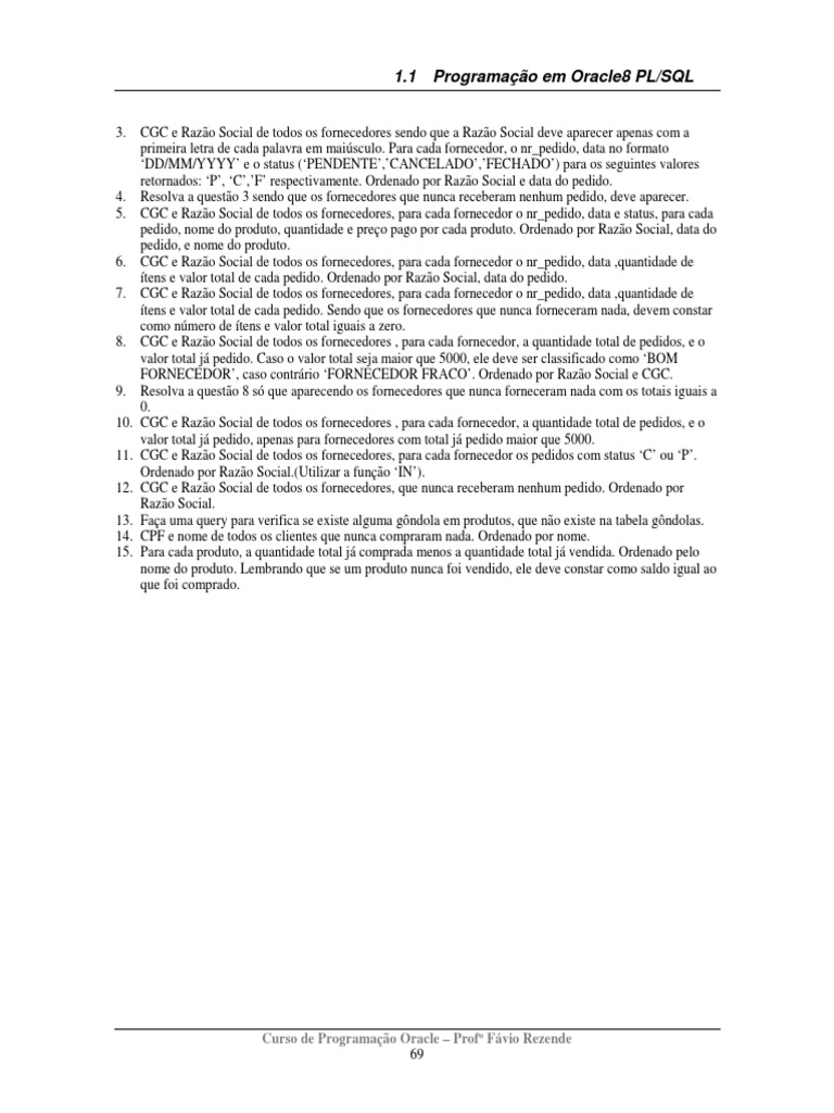Exercícios de PL/SQL em Oracle8 | PDF | PL/SQL | SQL