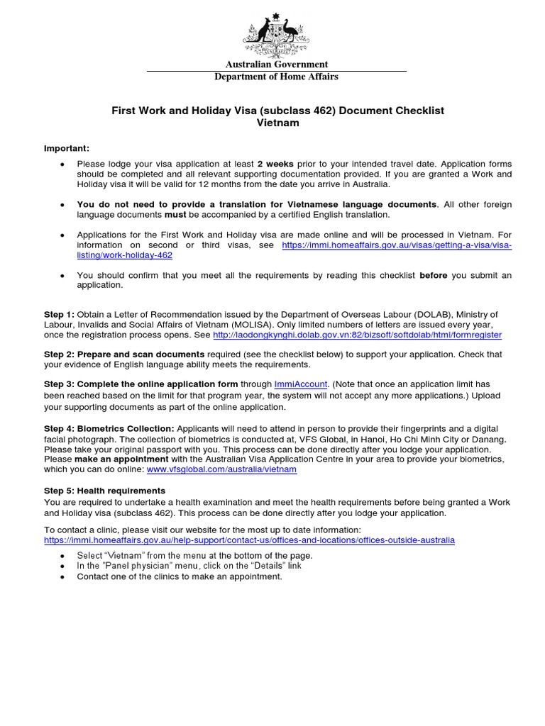 Work and Holiday Visa 462 Checklist Vietnam | PDF | Travel Visa | Passport
