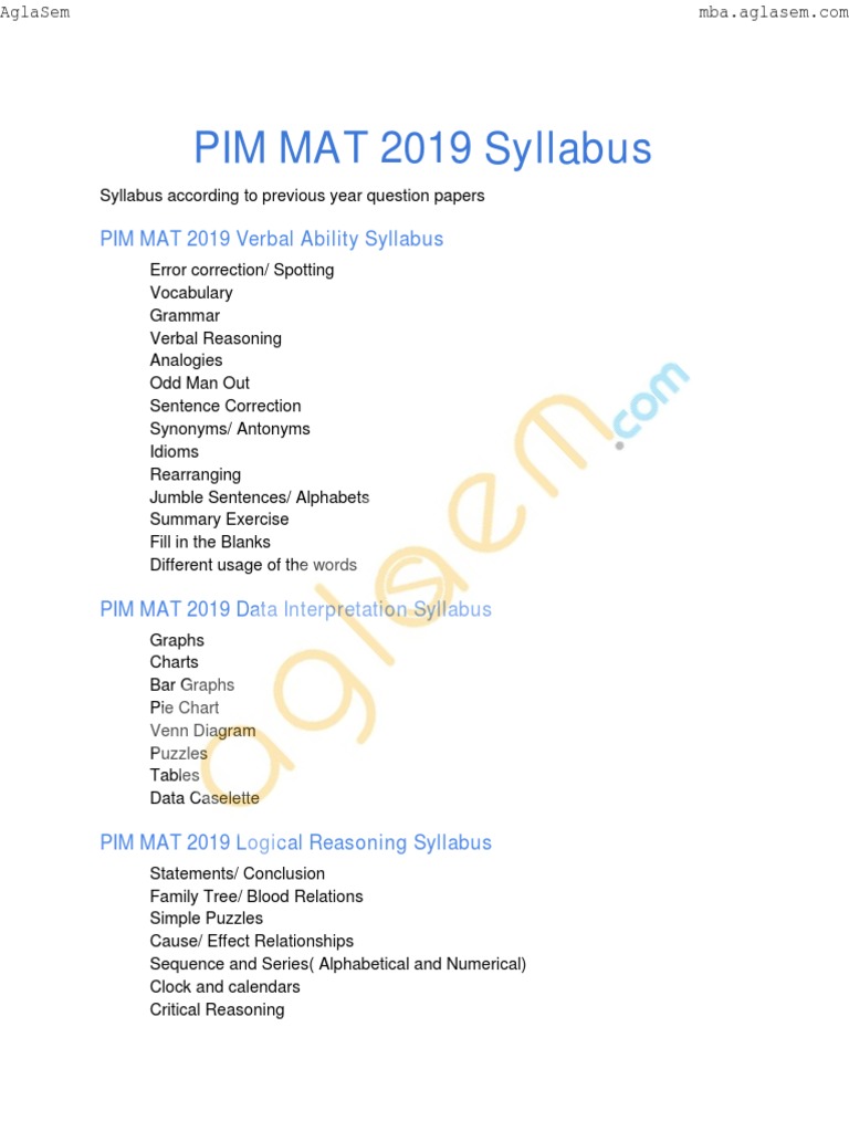 PIM MAT 2019 Syllabus A Comprehensive Overview of the Test Sections