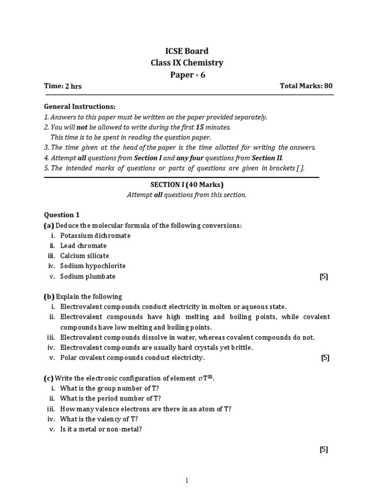 Chemistry Class 9 ICSE Question Paper 2 PDF Chemical Compounds