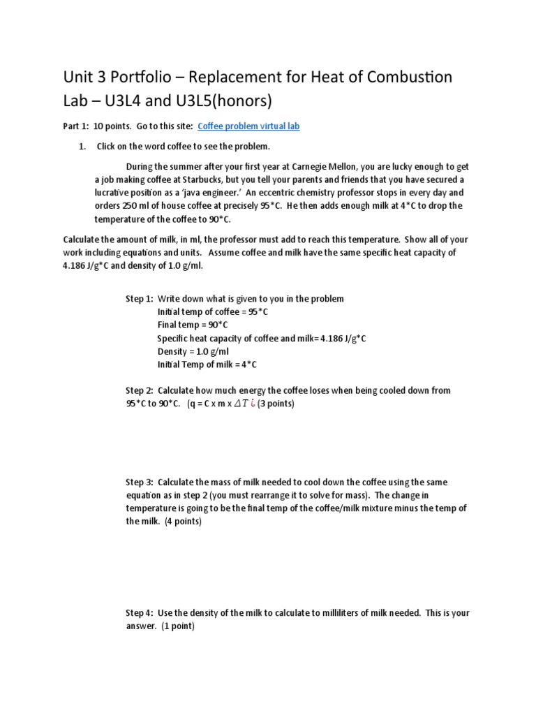 Chem B Unit 3 Heat of Combustion Lab Replacement PDF Heat Coffee
