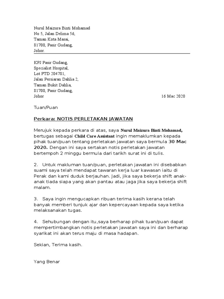 Notis Berhenti Kerja 1 Pdf