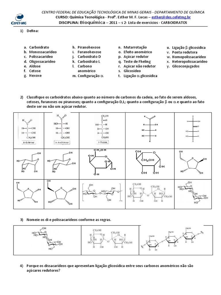 Exercícios sobre Carboidratos e Bioquímica | PDF | Carboidratos ...