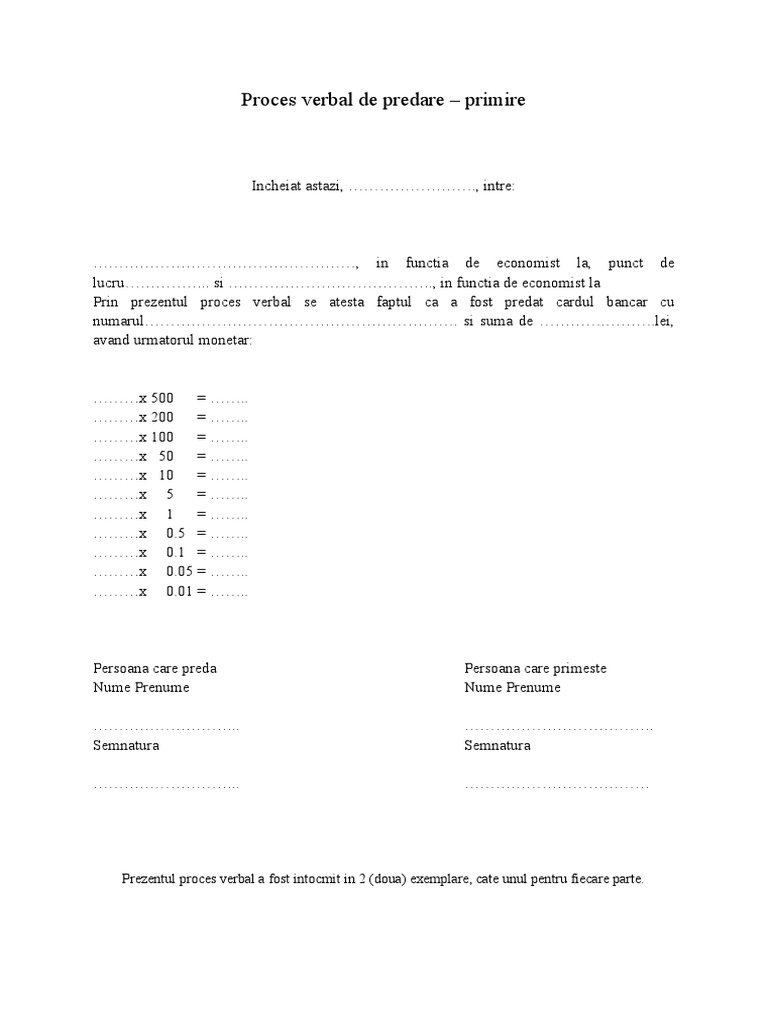 Proces Verbal Predare Primire Casierie